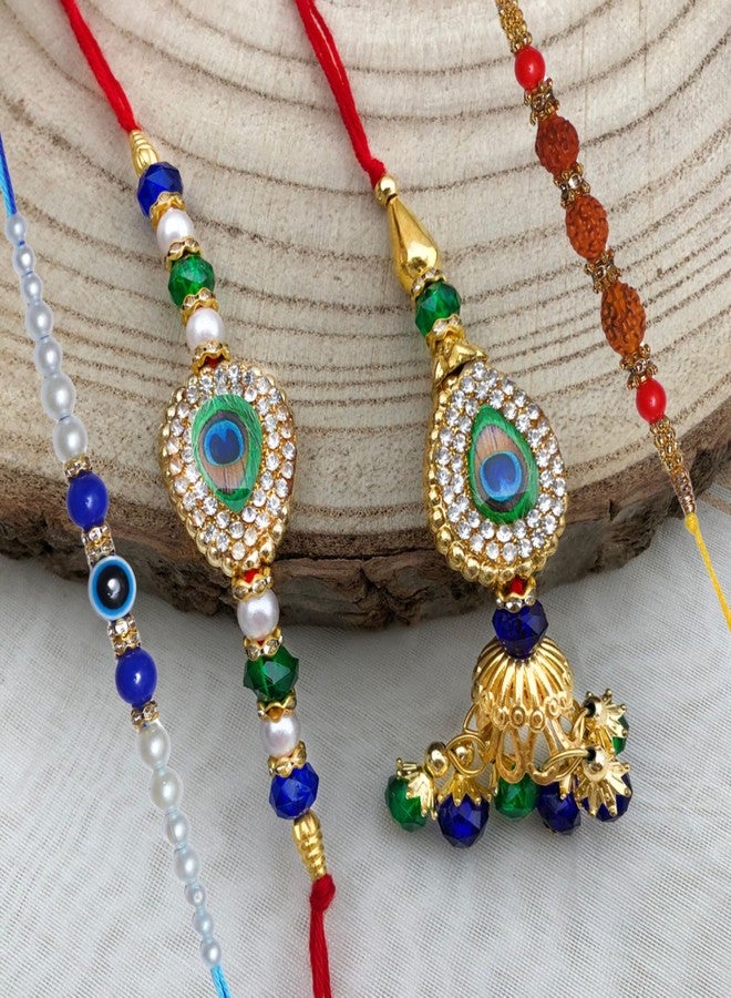 CHHARIYA CRAFTS مجموعة كريشنا المعدنية مع ديا أيدول (1 قطعة عرض كريشنا مورتي، 1 ديا، حزمة تشاوال رولي، 1 لومبا راخي لبهابي، 3 راخي مصمم لأخ بهايا) - Image 3