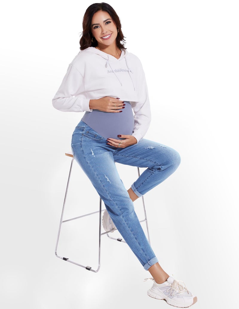 POSHGLAM Women's Maternity Jeans Over Belly Comfy Stretch 28'' Boyfriend Jeans Loose Pregnancy Pants(Blue, Large) - Image 4