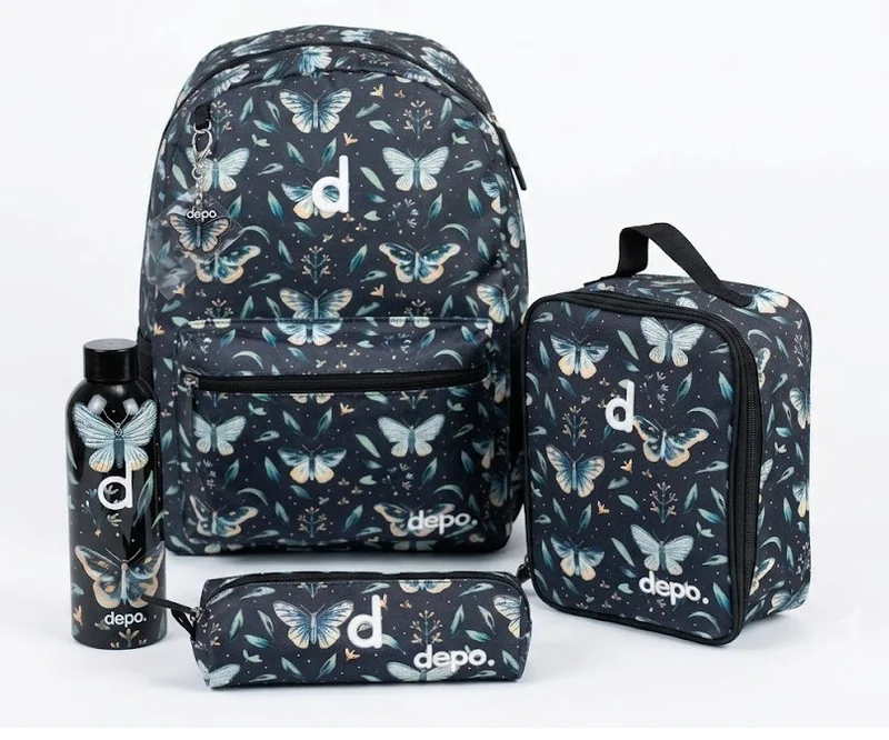 Depo 4-Piece School Backpack Set for Girls – 44cm Backpack with Insulated Lunch Bag, Pencil Case & 500ml Stainless Steel Water Bottle | Lightweight, Water-Resistant, Durable School Bag Set