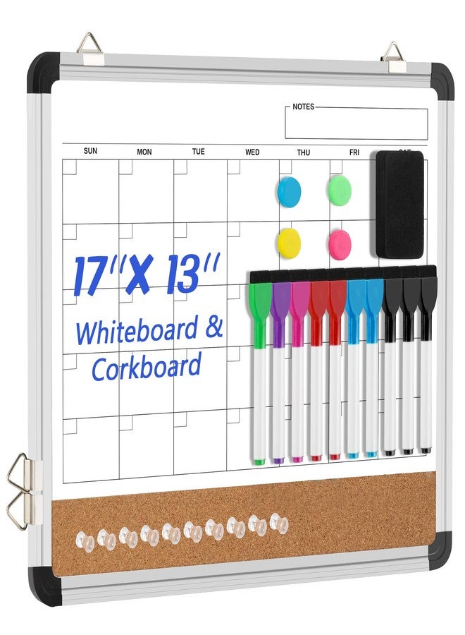 VUSIGN Dry Erase Calendar Whiteboard for Wall, 17'' x13'' Magnetic Whiteboard Cork Board Combo, Small Monthly White Board with Marker, Eraser & Push Pins in Home Office Kitchen School Planner - Image 1