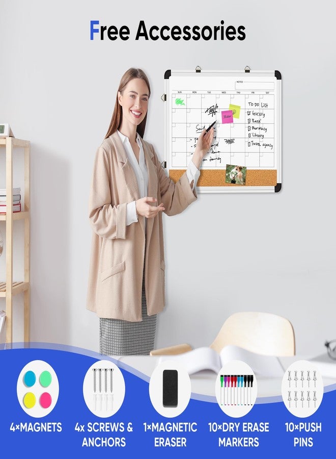 VUSIGN Dry Erase Calendar Whiteboard for Wall, 17'' x13'' Magnetic Whiteboard Cork Board Combo, Small Monthly White Board with Marker, Eraser & Push Pins in Home Office Kitchen School Planner - Image 3