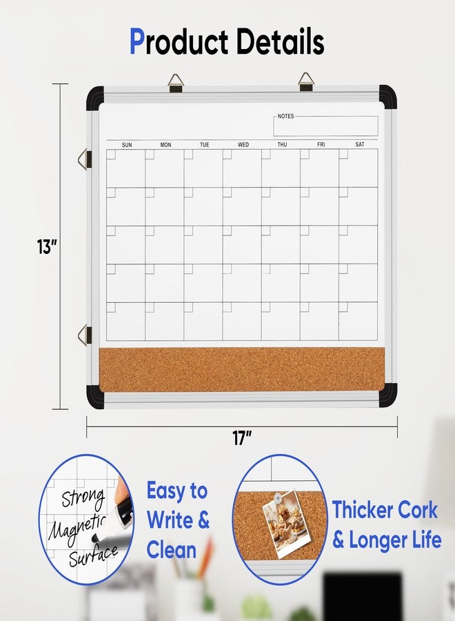 VUSIGN Dry Erase Calendar Whiteboard for Wall, 17'' x13'' Magnetic Whiteboard Cork Board Combo, Small Monthly White Board with Marker, Eraser & Push Pins in Home Office Kitchen School Planner - Image 2