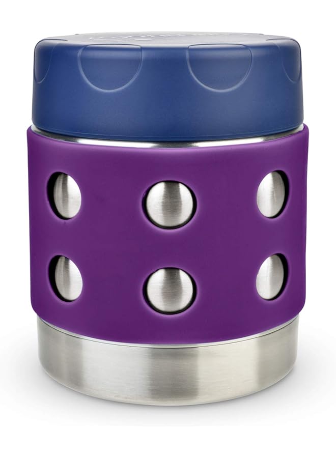 LunchBots Thermal 8 Oz Triple Insulated Food Container   Hot 6 Hours Or Cold 12 Hours   Leak Proof Thermos Soup Jar   All Stainless Interior   Navy Lid   Purple Dots - Image 1