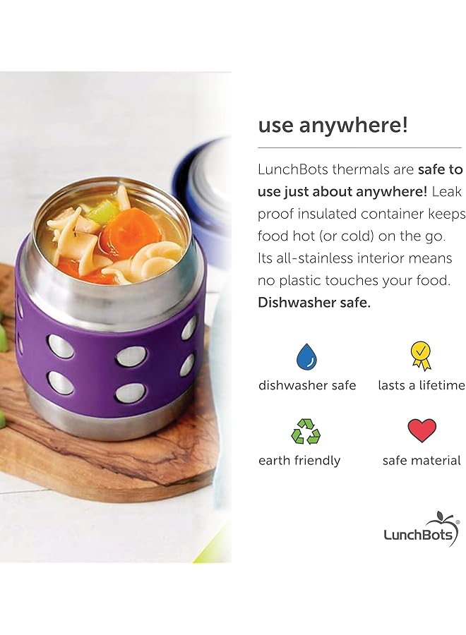 LunchBots Thermal 8 Oz Triple Insulated Food Container   Hot 6 Hours Or Cold 12 Hours   Leak Proof Thermos Soup Jar   All Stainless Interior   Navy Lid   Purple Dots - Image 4