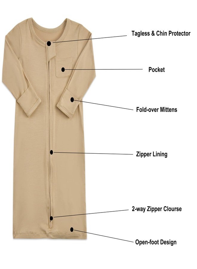 Aablexema Baby Nightgowns Rayon of Bamboo, 2Pcs Newborn Sleeper Gown with 2-way Zipper, Flip Mittens & Foot Cover(Khaki & Animal, 0-3m) - Image 3