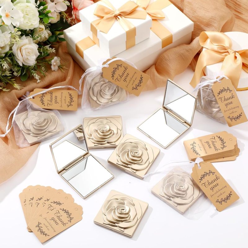 Compact Mirror Set 1 Pack Golden Portable Mirror Exquisite High-Quality Texture - Includes Satchel And Tag for Wedding Party Favors Bridal Shower Favors Bachelorette Party Favors - Image 4