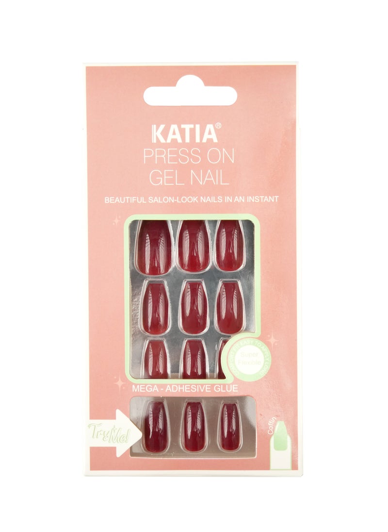 KATIA Katia Press On Gel Nail Coffin -Maroon 08 