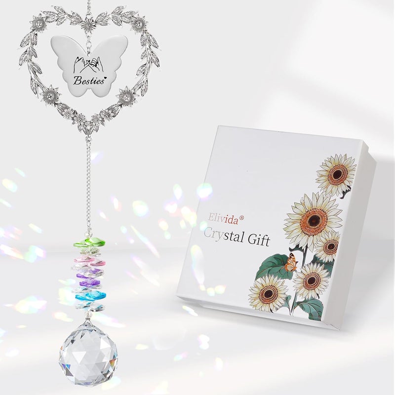 Elivida Bestie Suncatcher, Friendship Gift for Women, Best Friend Birthday Crystal Rainbow Maker, Personalized Thank You Gift for BFF, Heart-Shaped Crystal Window Hanging Ornament for Girls - Image 1