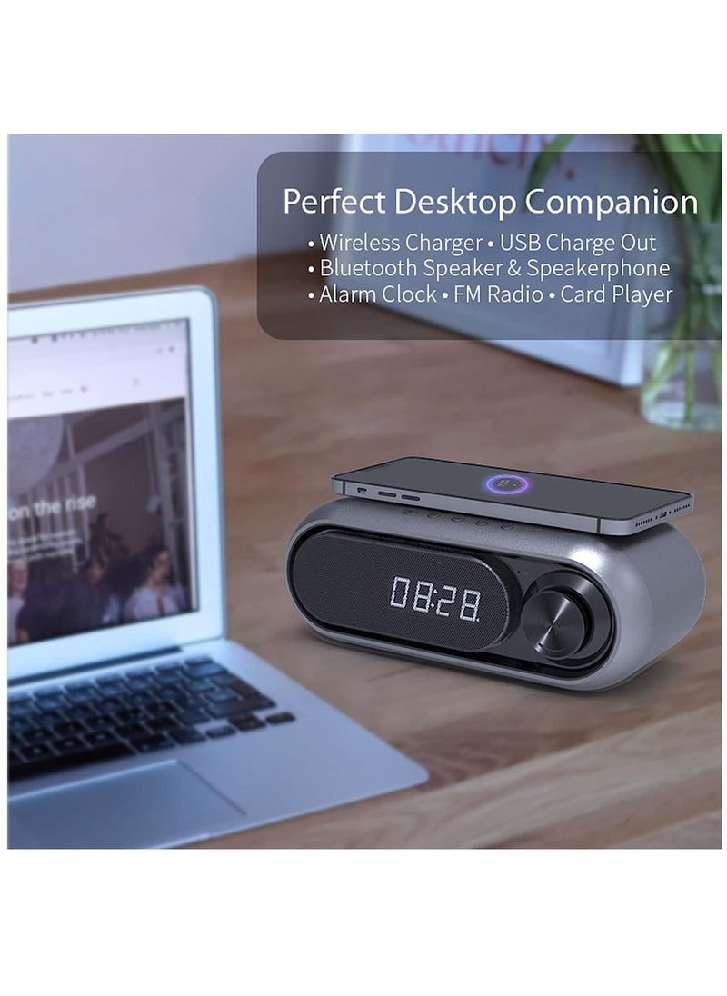 Digital Alarm Clock with Wireless Charging FM Radio Bluetooth Speaker with QI Wireless Charger LED Alarm Clock