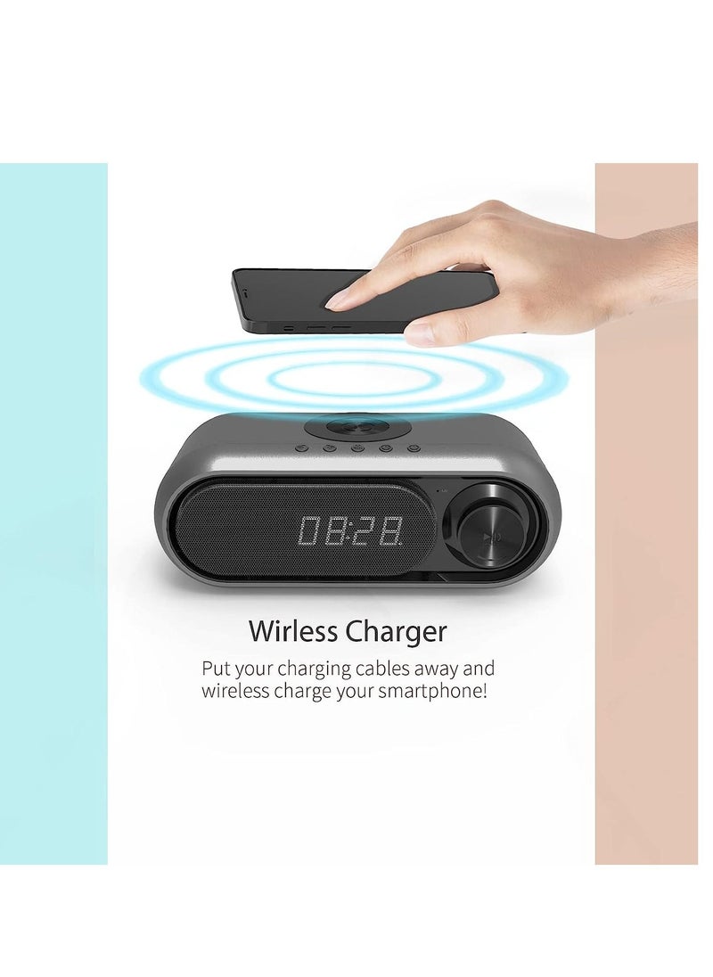 Digital Alarm Clock with Wireless Charging FM Radio Bluetooth Speaker with QI Wireless Charger LED Alarm Clock