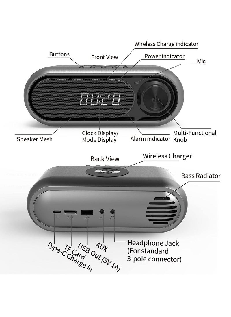Digital Alarm Clock with Wireless Charging FM Radio Bluetooth Speaker with QI Wireless Charger LED Alarm Clock