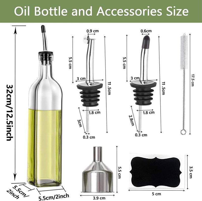 Leaflai Olive Oil Dispenser Bottle, 1 Pcs Glass Olive Oil Dispenser and Vinegar Dispenser Set with 2 Stainless Steel Pourers, 2 Labels,1 Brush and 1 Funnel Oil Bottles for Kitchen (500ml) - Image 3