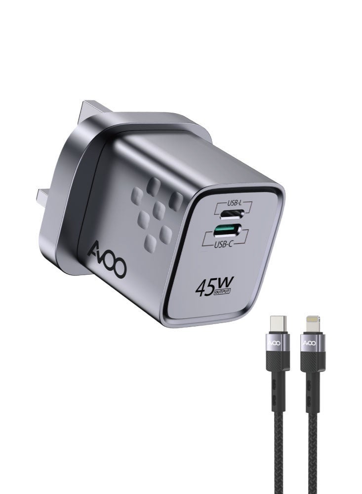 AVOO iPhone 17 charger supports 45W fast charging for iPhone 17 and all iPhone models, and includes a cable compatible with Type-C and Lightning devices. - Image 2