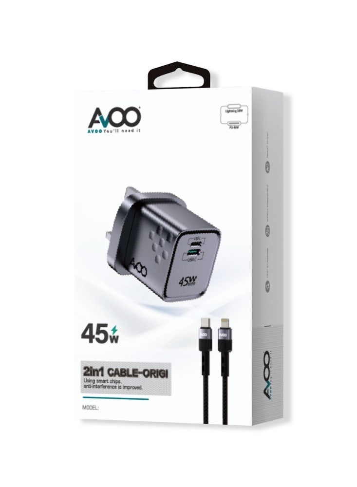 AVOO iPhone 17 charger supports 45W fast charging for iPhone 17 and all iPhone models, and includes a cable compatible with Type-C and Lightning devices. - Image 3
