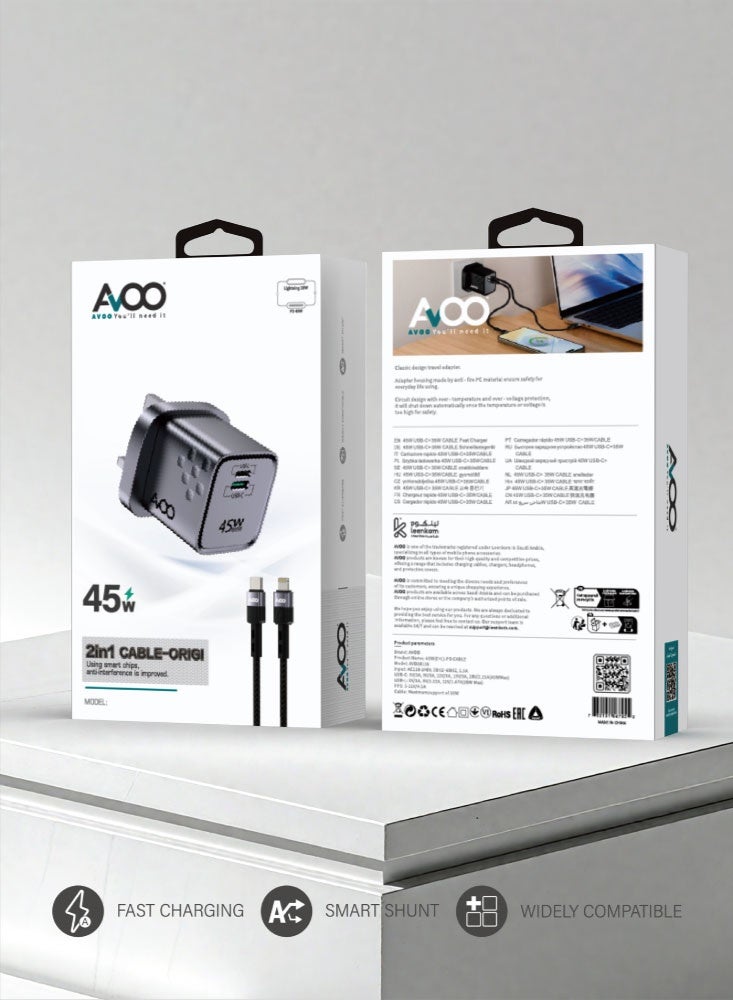 AVOO iPhone 17 charger supports 45W fast charging for iPhone 17 and all iPhone models, and includes a cable compatible with Type-C and Lightning devices. - Image 1