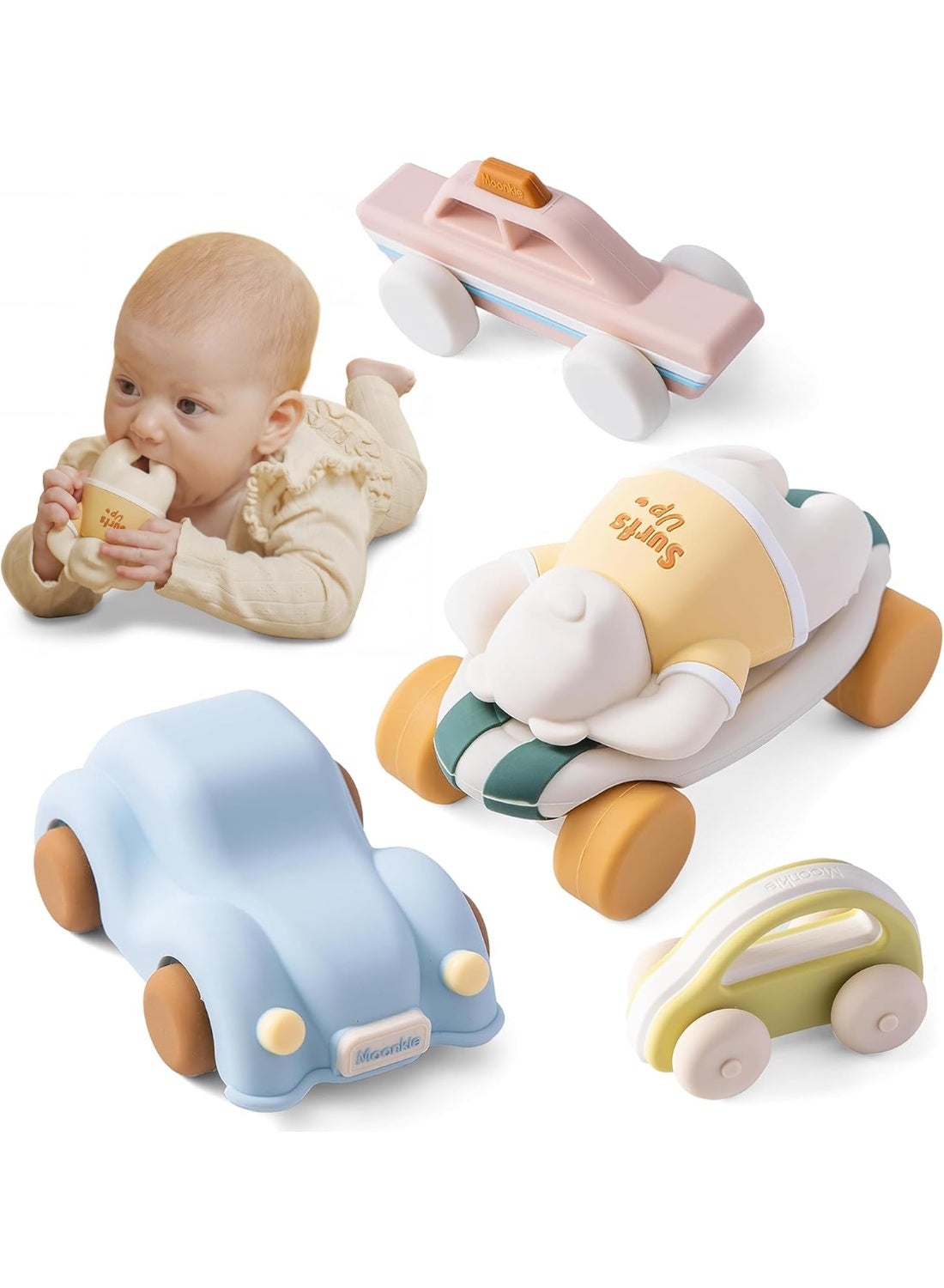 Moonkie Food Grade Silicone Toy Cars for Toddlers 1-3, Push and Go Baby Car Toys 6-12 Months+, One-Piece Design Infant Toys, Birthday Gifts for 1 Year Old Boy Girl, Easy to Clean & Grasp, 5 Pack