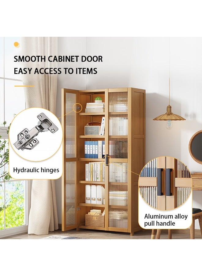Simple Bookshelf Bamboo Bookcase Multi-layer Display Rack Floor Standing Storage Cabinet with Clear Door for Kitchen Dining Room Living Room - Image 5