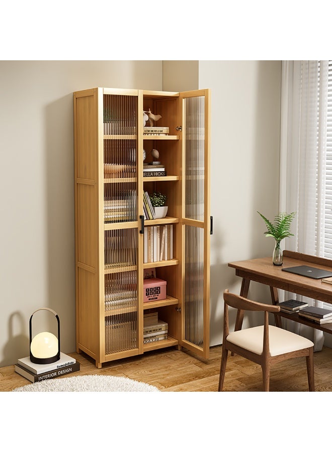 Simple Bookshelf Bamboo Bookcase Multi-layer Display Rack Floor Standing Storage Cabinet with Clear Door for Kitchen Dining Room Living Room - Image 4
