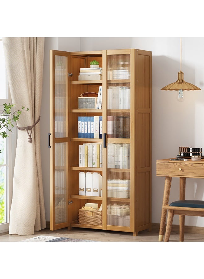 Simple Bookshelf Bamboo Bookcase Multi-layer Display Rack Floor Standing Storage Cabinet with Clear Door for Kitchen Dining Room Living Room - Image 1