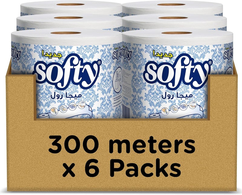 softy Kitchen Paper Towel, Mega Roll Tissue, 6 Roll x 300 Meters, High Absorbency for Multi Purpose - Image 1