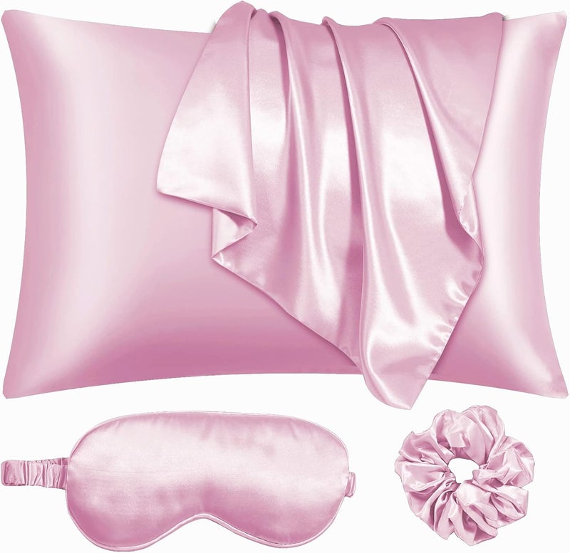 URLINENS غطاء وسادة من الساتان للشعر والبشرة، مجموعة نوم من حرير نباتي - 2 غطاء وسادة وردي من الساتان، 1 قناع عين، 1 ربطة شعر - مجموعة نوم فاخرة، أغطية وسائد من الساتان الناعم مقاس قياسي مع إغلاق مغلف - Image 1