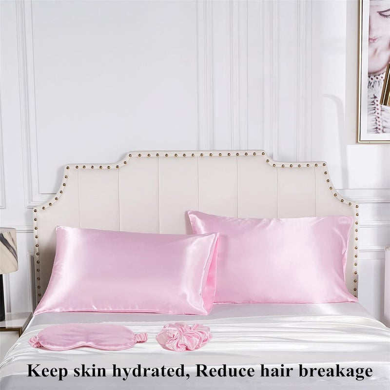 URLINENS غطاء وسادة من الساتان للشعر والبشرة، مجموعة نوم من حرير نباتي - 2 غطاء وسادة وردي من الساتان، 1 قناع عين، 1 ربطة شعر - مجموعة نوم فاخرة، أغطية وسائد من الساتان الناعم مقاس قياسي مع إغلاق مغلف - Image 3