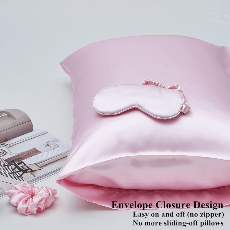 URLINENS غطاء وسادة من الساتان للشعر والبشرة، مجموعة نوم من حرير نباتي - 2 غطاء وسادة وردي من الساتان، 1 قناع عين، 1 ربطة شعر - مجموعة نوم فاخرة، أغطية وسائد من الساتان الناعم مقاس قياسي مع إغلاق مغلف - Image 4