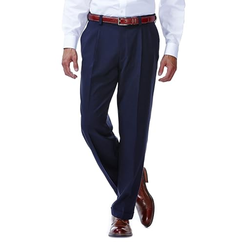 Haggar mens Eclo Stria Expandable-waist Pleat-front dress pants, Navy, 32W x 32L US - Image 1