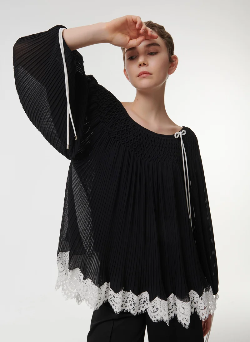 leem  Smock Neck Lace Hem Top for Women | Best Price UAE