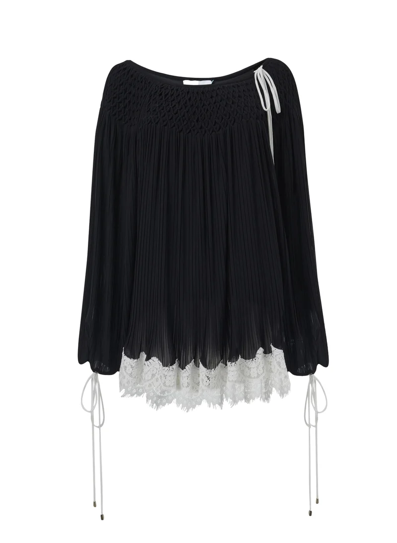 leem  Smock Neck Lace Hem Top for Women | Best Price UAE