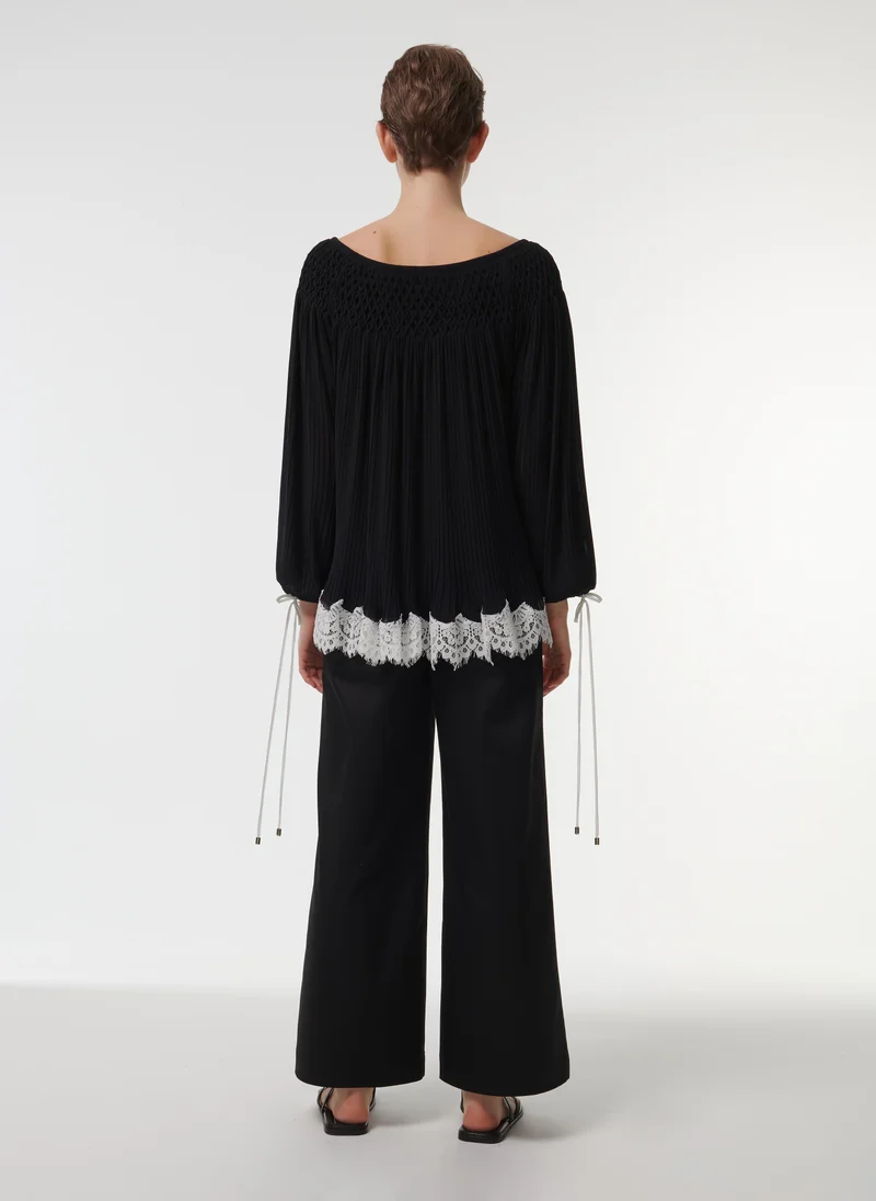 leem  Smock Neck Lace Hem Top for Women | Best Price UAE
