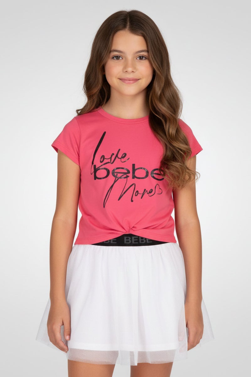 bebe Kids Girl 3 Pcs Brand Logo T-Shirt And Skort Set With Headband, Multicolor - Image 1