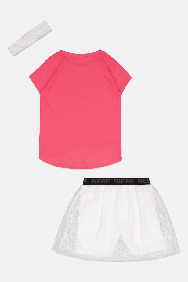 bebe Kids Girl 3 Pcs Brand Logo T-Shirt And Skort Set With Headband, Multicolor - Image 2