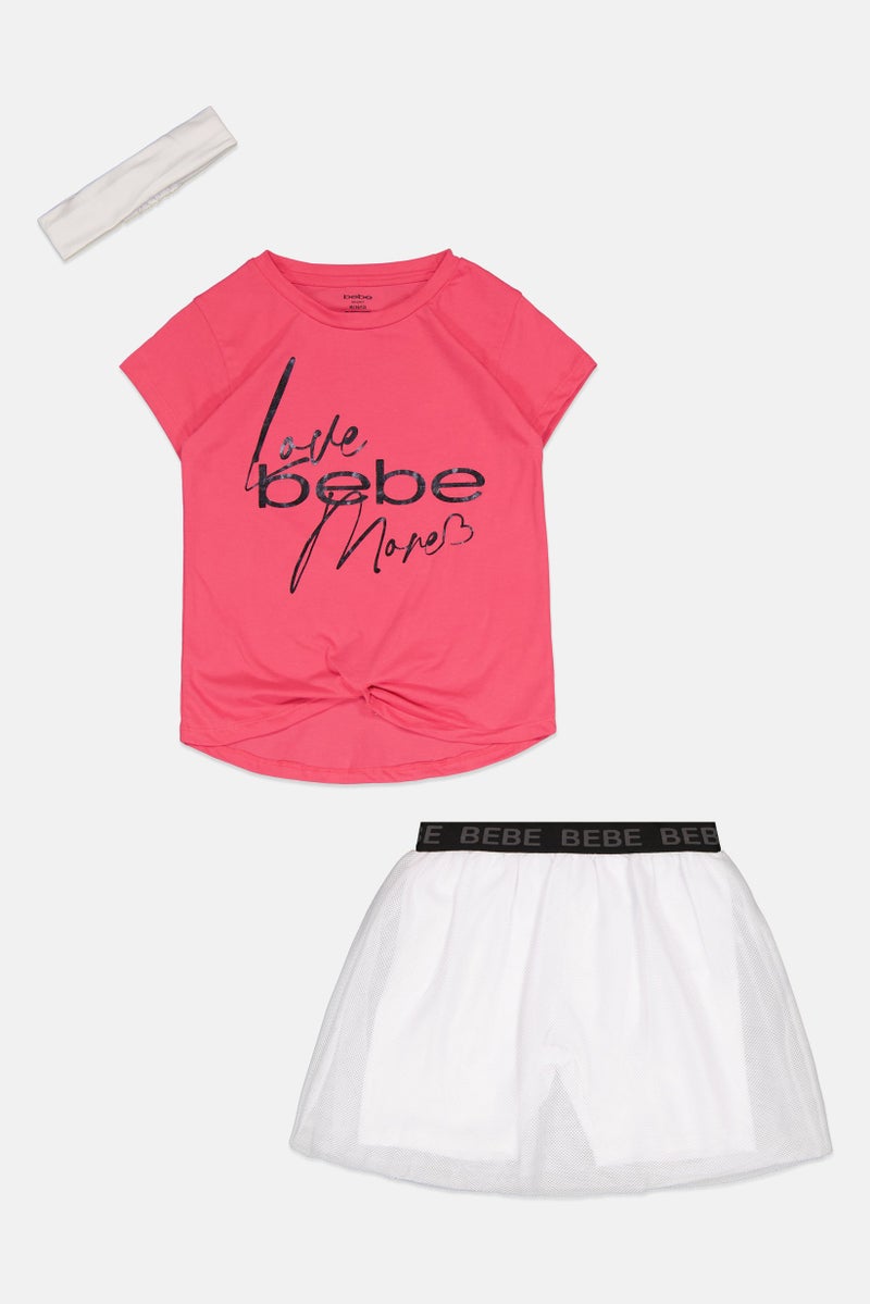bebe Kids Girl 3 Pcs Brand Logo T-Shirt And Skort Set With Headband, Multicolor - Image 3