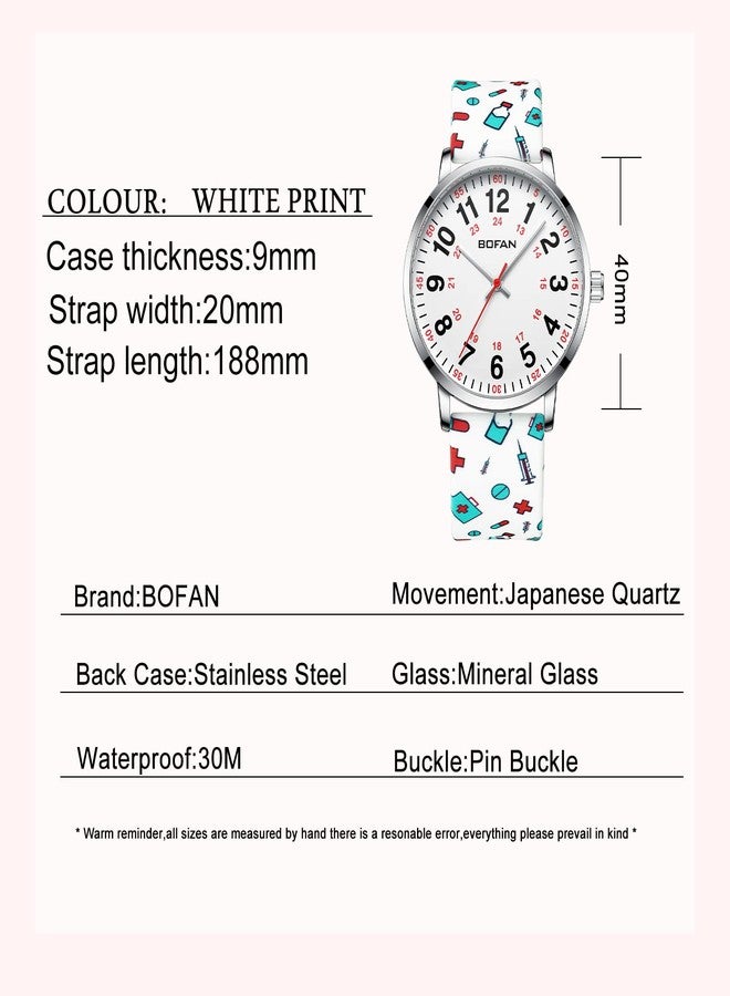 BOFAN Nurse Watch for Nurse,Medical Professionals,Students,Doctors with Easy to Read Dial,Second Hand and 24 Hour,Soft Comfort Print Silicone Band,Water Resistant, White-white Print, japanese - Image 5