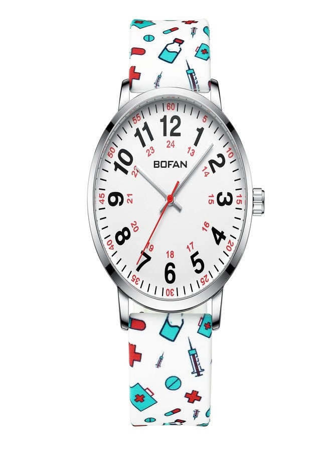 BOFAN Nurse Watch for Nurse,Medical Professionals,Students,Doctors with Easy to Read Dial,Second Hand and 24 Hour,Soft Comfort Print Silicone Band,Water Resistant, White-white Print, japanese - Image 1