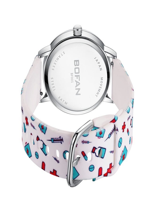 BOFAN Nurse Watch for Nurse,Medical Professionals,Students,Doctors with Easy to Read Dial,Second Hand and 24 Hour,Soft Comfort Print Silicone Band,Water Resistant, White-white Print, japanese - Image 3