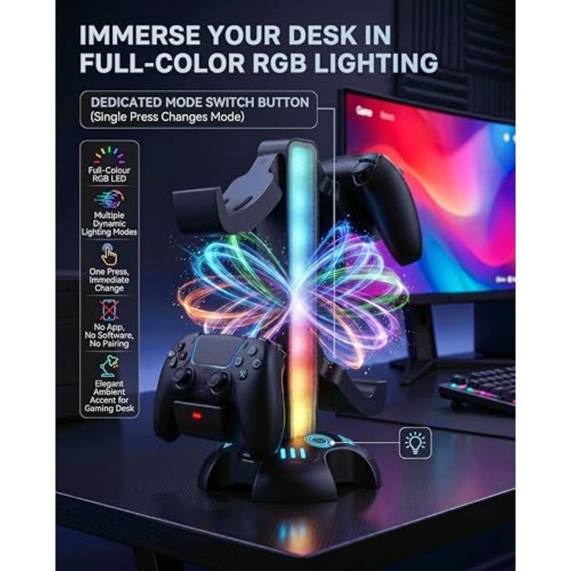 Dual Charging Stand for PlayStation 5 DualSense Controllers with RGB Light Strip Charges 2 PS5 Controllers Compatible with PS5 Pro, PS5 Slim Disc Digital Editions Black - Image 5