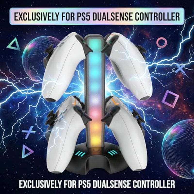 Dual Charging Stand for PlayStation 5 DualSense Controllers with RGB Light Strip Charges 2 PS5 Controllers Compatible with PS5 Pro, PS5 Slim Disc Digital Editions Black - Image 3