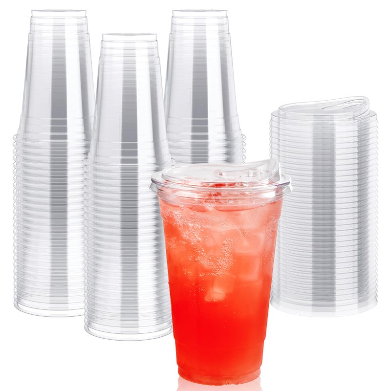 Lilymicky 90 PACK 20 oz Clear Plastic Cups With Strawless Sip Lids Disposable Through Lids for Ice Coffee Smoothie Slurpee or Any Cold Drinks