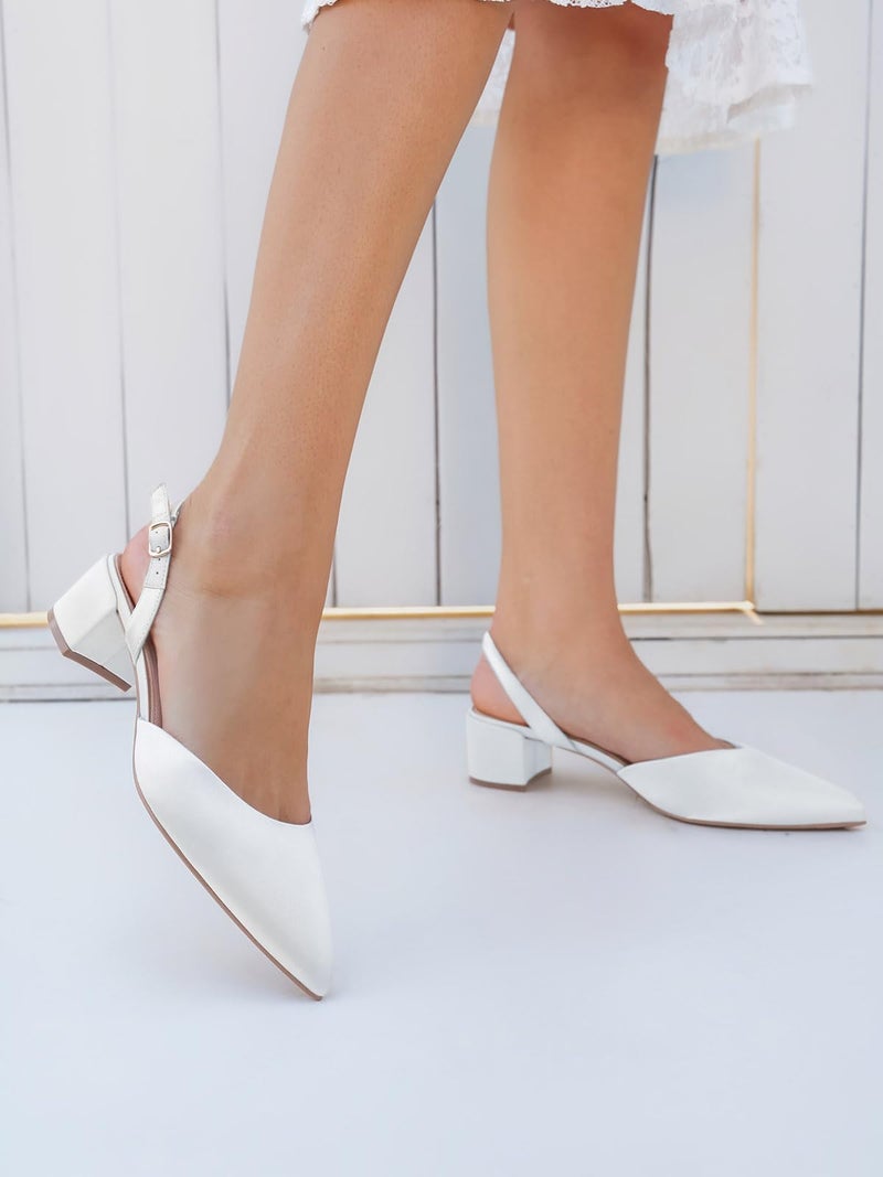 Coutgo Womens Low Chunky Heels Slingback Closed Pointed Toe Pumps Party Wedding Dress Shoes, White, Size 8.5 - Image 3