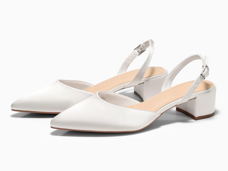 Coutgo Womens Low Chunky Heels Slingback Closed Pointed Toe Pumps Party Wedding Dress Shoes, White, Size 8.5 - Image 5