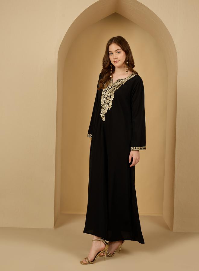 Styli Black Embroidered A-Line Jalabiya with Embellishment - Image 3
