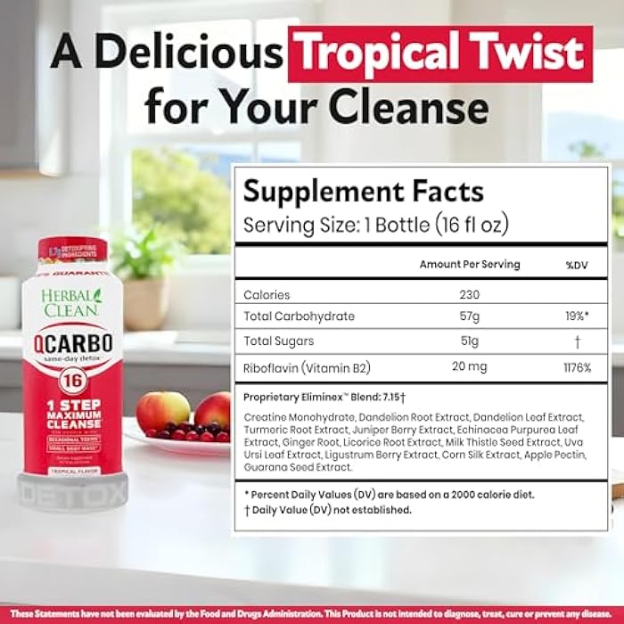 Herbal Clean Qcarbo16 Same-Day Detox Cleanse Drink (16 fl oz) - Tropical Flavor Full Body Cleanse* Detox Drink for Moderate Toxin Level*, Vitamin B2 and Vitamin B12 for Men & Women - Image 3