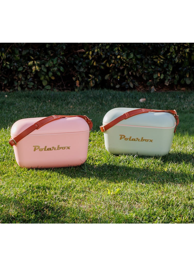 Polarbox® 20L Ice Box - Portable - Rigid Thermal Insulated Cooler Box - For Outdoor Beach Picnic, Party Drinks & Food Use - Storage Box - Gold Edition - Coral Cooler with Brown Leather Strap