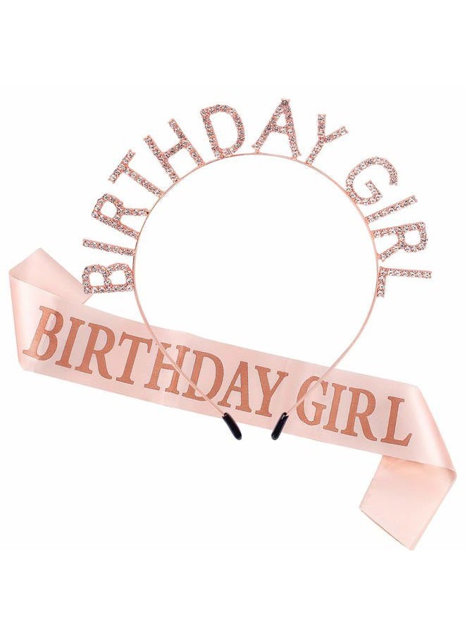 AOPRIE Rose Gold Birthday Tiara and Crown With Sash for Women - Rhinestone Princess Headband and Happy Birthday Accessories - Image 1