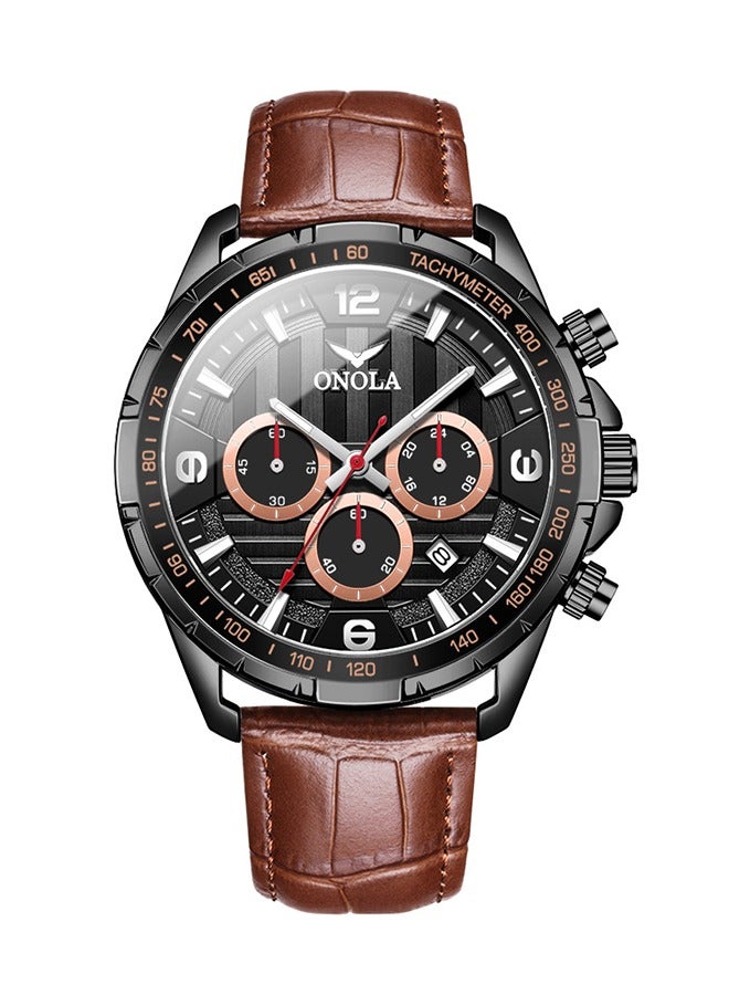 ONOLA ​​ONOLA Men's Business Casual Watch - Classic Three-Hand Six-Eye Multifunction Design, Black Dial with Brown Leather Strap, Stainless Steel Case, 50M Water Resistance, for Office & Daily Wear​​ - Image 1