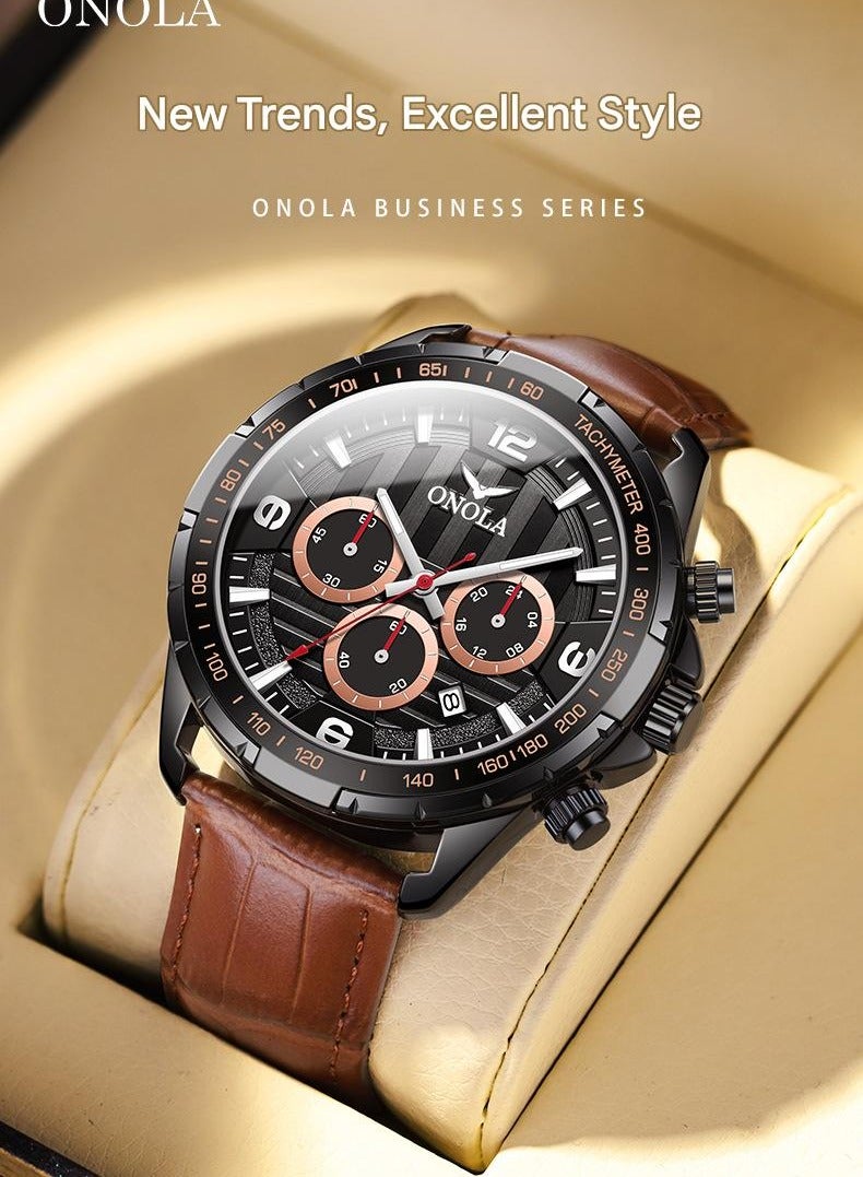 ONOLA ​​ONOLA Men's Business Casual Watch - Classic Three-Hand Six-Eye Multifunction Design, Black Dial with Brown Leather Strap, Stainless Steel Case, 50M Water Resistance, for Office & Daily Wear​​ - Image 2