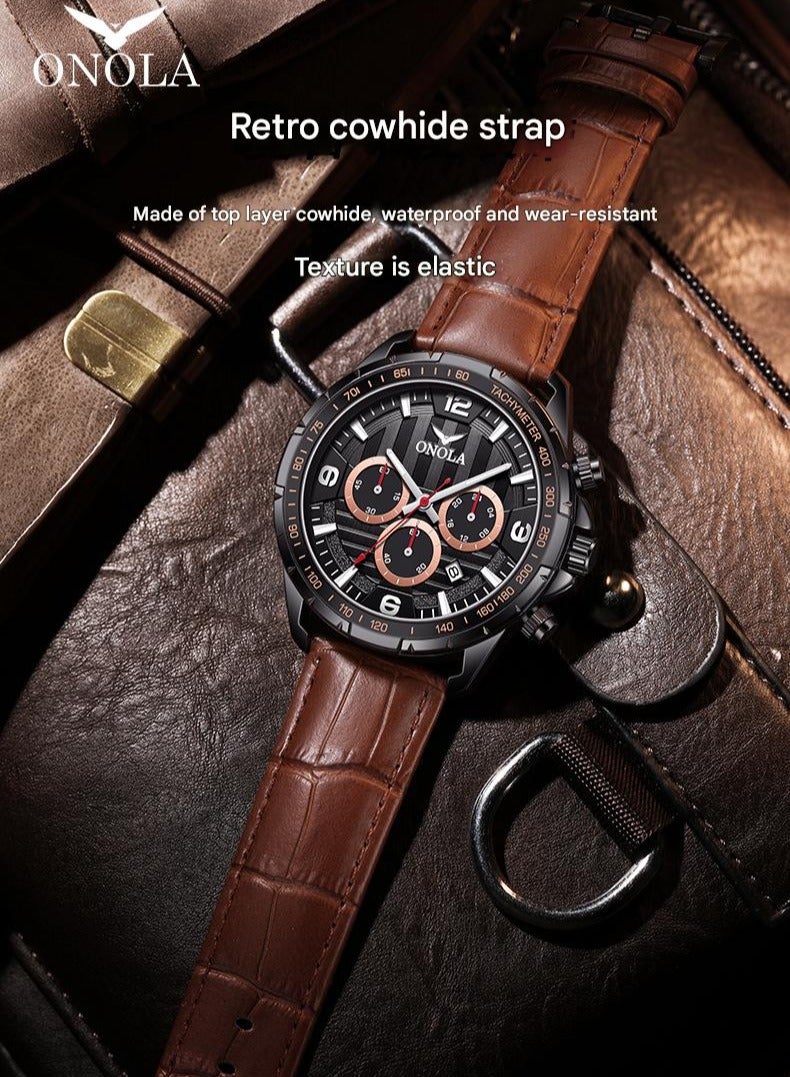 ONOLA ​​ONOLA Men's Business Casual Watch - Classic Three-Hand Six-Eye Multifunction Design, Black Dial with Brown Leather Strap, Stainless Steel Case, 50M Water Resistance, for Office & Daily Wear​​ - Image 3