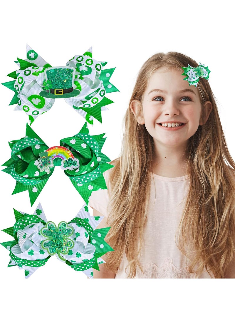 Whaline Whaline 3Pcs St Patricks Day Hair Bow Clips Shamrock Grosgrain Ribbon Bow Hair Pins Green White Clover Bow Alligator Hair Barrettes for Toddlers Girls Kids Irish Holiday Party Hair Accessories 